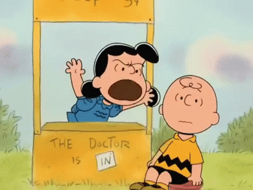 A Cartoon Of Charlie Brown And Snoopy At A Help Station GIF