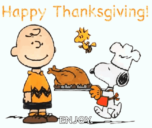 A Cartoon Of Charlie Brown And Snoopy Holding A Turkey With The Words Happy Thanksgiving Enjoy GIF
