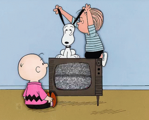 A Cartoon Of Charlie Brown And Snoopy Looking At A Television GIF