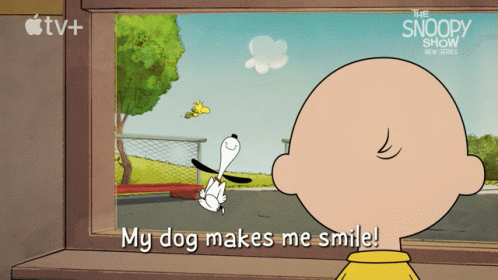 A Cartoon Of Charlie Brown And Snoopy With The Words " My Dog Makes Me Smile " GIF