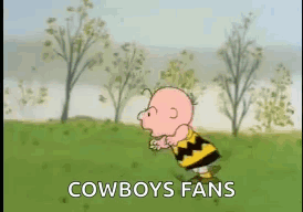 A Cartoon Of Charlie Brown Running In A Field With The Words `` Cowboys Fans '' . GIF