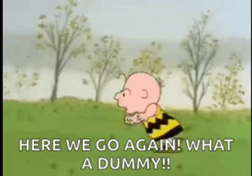 A Cartoon Of Charlie Brown Saying `` Here We Go Again ! What A Dummy ! '' In A Field . GIF