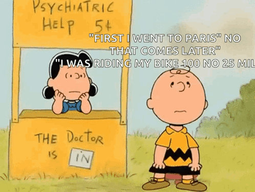 A Cartoon Of Charlie Brown Standing In Front Of A Yellow Psychiatric Help Stand GIF