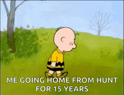 A Cartoon Of Charlie Brown Walking In A Field With The Words `` Me Going Home From Hunt For 15 Years '' GIF