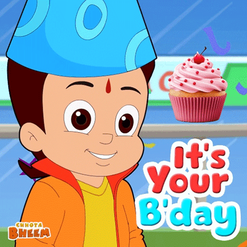 A Cartoon Of Chhota Bheem With A Cupcake And The Words It 'S Your Bday GIF