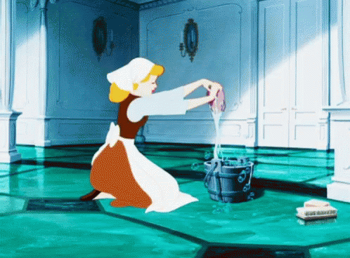 A Cartoon Of Cinderella Cleaning A Floor With A Bucket Of Water GIF