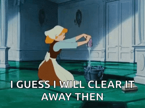A Cartoon Of Cinderella Cleaning A Room With The Words I Guess I Will Clear It Away Then GIF