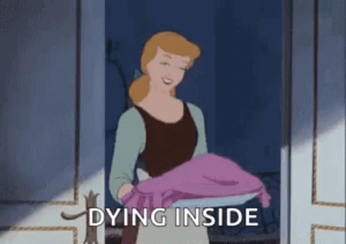 A Cartoon Of Cinderella Holding A Pink Blanket And Saying `` Dying Inside '' GIF