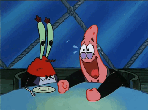 A Cartoon Of Crab And Patrick Sitting At A Table With A Plate And Fork GIF