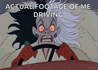 A Cartoon Of Cruella De Vil Driving A Car . GIF