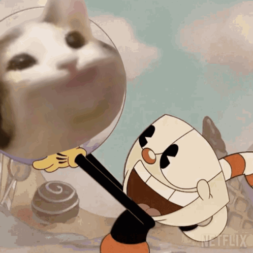 A Cartoon Of Cuphead And A Cat With Netflix On The Bottom GIF