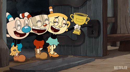 A Cartoon Of Cuphead And His Friends Holding A Trophy GIF