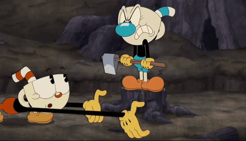 A Cartoon Of Cuphead Holding An Axe And The Words " Will You Cut That Out " GIF