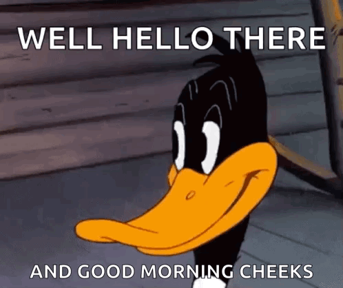 A Cartoon Of Daffy Duck Saying Well Hello There And Good Morning Cheeks GIF