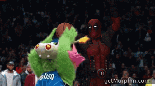 A Cartoon Of Deadpool Holding A Basketball Next To A Mascot With The Number 2000 On His Jersey GIF