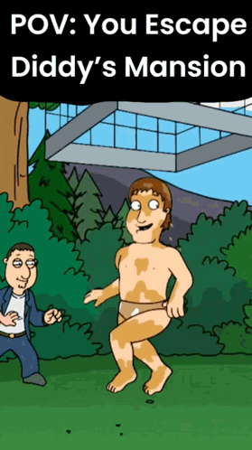 A Cartoon Of Diddy 'S Mansion With A Man Standing Next To Him GIF