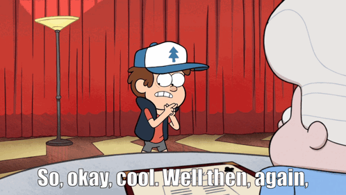 A Cartoon Of Dipper From Gravity Falls Talking To An Older Man GIF