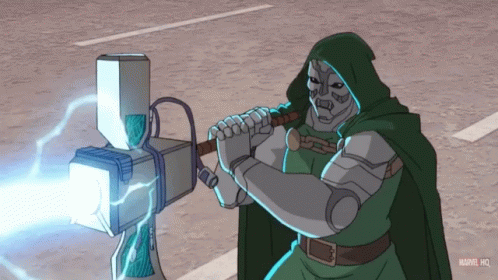 A Cartoon Of Doctor Doom From Marvel Holding A Lightning Bolt GIF