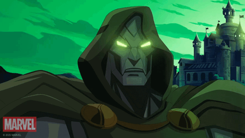 A Cartoon Of Doctor Doom With A Castle In The Background GIF