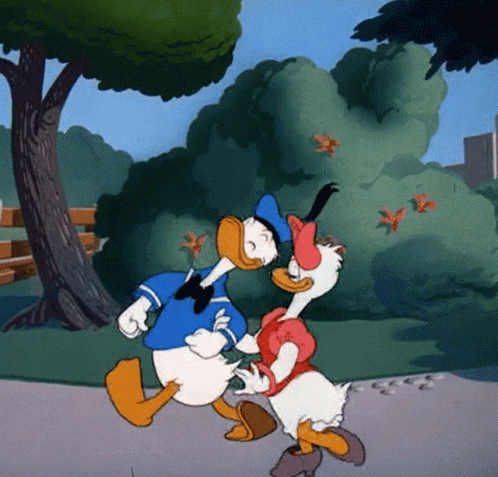 A Cartoon Of Donald Duck And Daisy Duck Walking Down A Sidewalk GIF