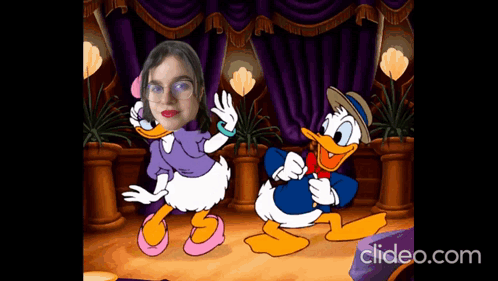 A Cartoon Of Donald Duck And Daisy Duck With A Woman 'S Face In The Middle GIF