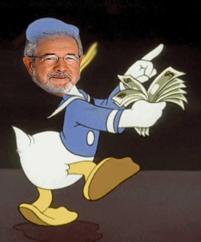 A Cartoon Of Donald Duck Holding A Bunch Of Money And Pointing GIF