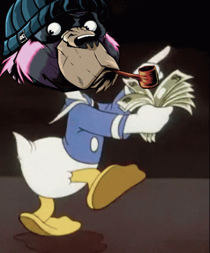 A Cartoon Of Donald Duck Holding A Pipe And A Pile Of Money GIF