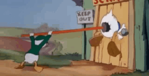 A Cartoon Of Donald Duck Holding A Stick In Front Of A Building . GIF