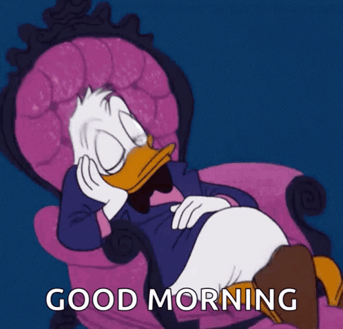 A Cartoon Of Donald Duck Laying In A Pink Chair With The Words Good Morning Written Below Him GIF