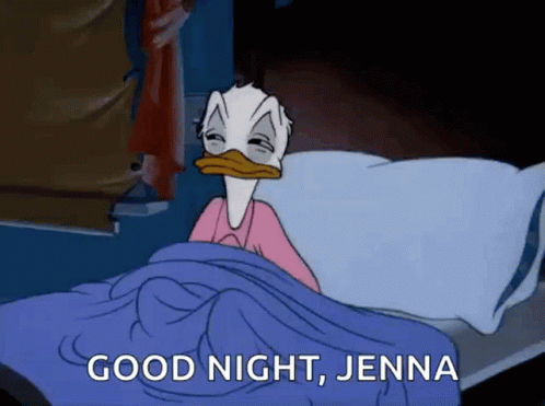 A Cartoon Of Donald Duck Laying In Bed With The Words Good Night Jenna Above Him GIF