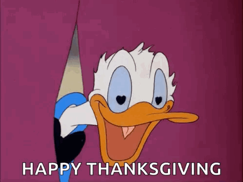 A Cartoon Of Donald Duck Peeking Out From Behind A Curtain And Saying Happy Thanksgiving . GIF