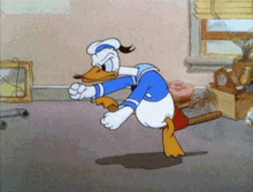 A Cartoon Of Donald Duck Standing In A Room GIF