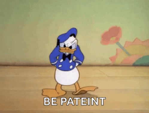 A Cartoon Of Donald Duck Standing On A Wooden Floor With The Words `` Be Patient '' Written On The Bottom . GIF
