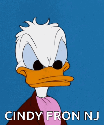 A Cartoon Of Donald Duck With The Words Cindy Fron Nj Below Him GIF