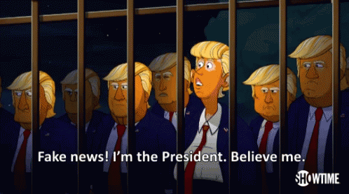 a cartoon of donald trump behind bars with the caption fake news i 'm the president believe me showtime