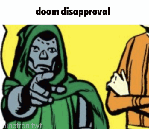 A Cartoon Of Doom Pointing At A Man With The Words Doom Disapproval Below Him GIF