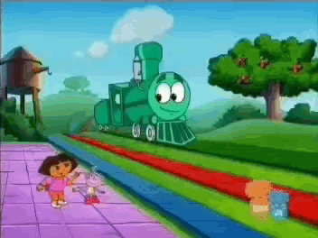 A Cartoon Of Dora And A Green Train On A Track GIF