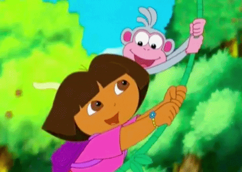 A Cartoon Of Dora And A Monkey Hanging From A Tree GIF