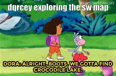 A Cartoon Of Dora And A Monkey With The Caption " Dora Alright Boots We Gotta Find Crocodile Lake .. " GIF