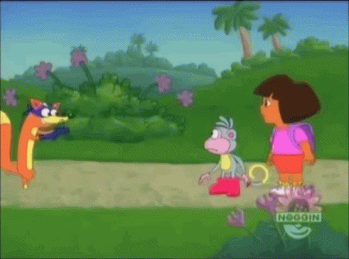 A Cartoon Of Dora Talking To A Monkey And A Fox GIF