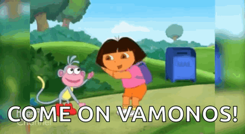 A Cartoon Of Dora Talking To A Monkey With The Words Come On Vamonos GIF