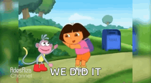 A Cartoon Of Dora Talking To A Monkey With The Words We Did It GIF