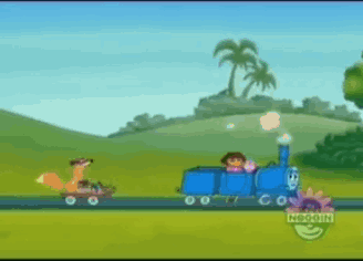 A Cartoon Of Dora The Explorer And A Fox Riding A Blue Train GIF