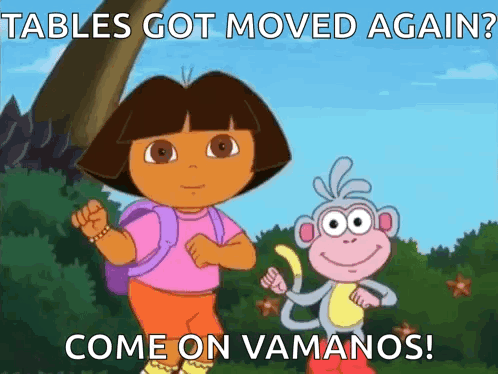 A Cartoon Of Dora The Explorer And A Monkey That Says Tables Got Moved Again Come On Vamanos GIF