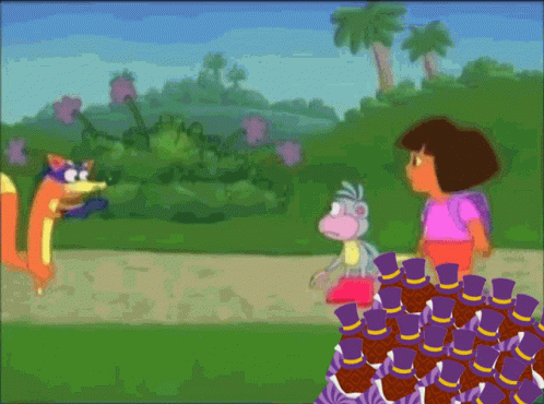 A Cartoon Of Dora The Explorer Standing Next To A Bunch Of Bottles GIF