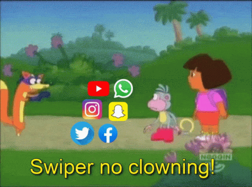 A Cartoon Of Dora The Explorer Standing Next To A Fox And A Monkey With The Words Swiper No Clowning GIF