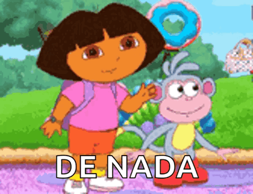 A Cartoon Of Dora The Explorer Standing Next To A Monkey With The Word De Nada Below Her GIF