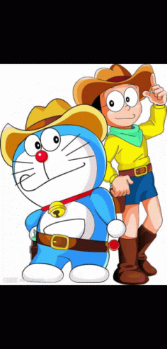 A Cartoon Of Doraemon And Nobita Wearing Cowboy Hats And Boots GIF