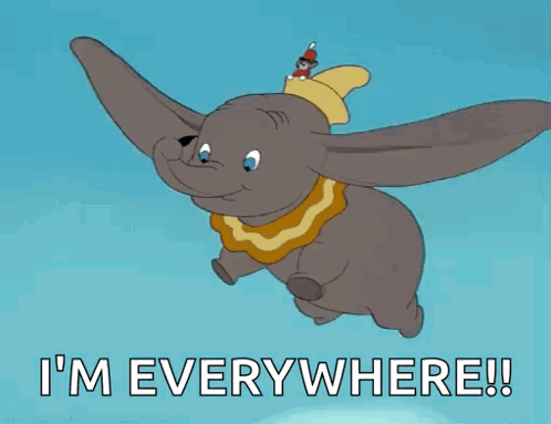 A Cartoon Of Dumbo Flying With The Words I 'M Everywhere GIF