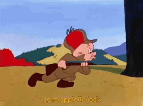 A Cartoon Of Earl The Rabbit Holding A Rifle With The Words Je M.applelle Jack Below Him GIF